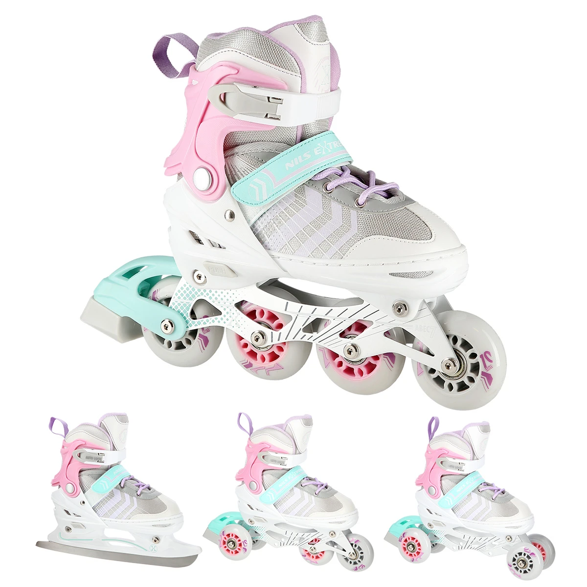 4in1 (rull)uisud NILS EXTREME NH18192, In-line Skates/Hockey Ice Skates, S (29-33), Pink/Mint/White - Image 3